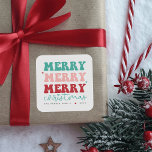 Merry Christmas Bold Colourful Red Heart Square Sticker<br><div class="desc">The sticker design features bold, colourful lettering that repeats the word "MERRY" in cheerful red, pink, and green shades, adding a festive vibe. Below, "Christmas" is written in a casual, flowing green script, with a small heart detail on the letter "i" for a playful touch. There’s customisable space for the...</div>