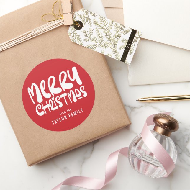 Merry Christmas Bold Modern Text Personalised Classic Round Sticker (Gifting)