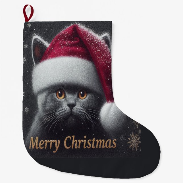 Merry Christmas Bombay Cat, Xmas Santa Bombay Cat Large Christmas Stocking (Front)