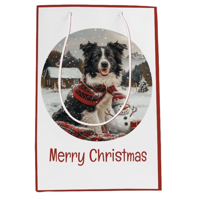 Merry Christmas Border Collie Dog Snowman Medium Gift Bag (Front)