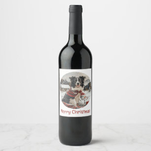 Merry Christmas Border Collie Dog Snowman Wine Label