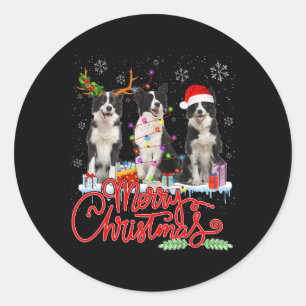 Merry Christmas Border Collie Santa Reindeer Light Classic Round Sticker