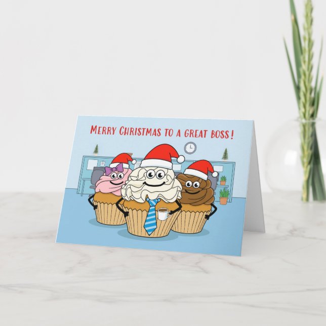 Merry Christmas Boss Cupcakes Office Team Holiday Card (Front)
