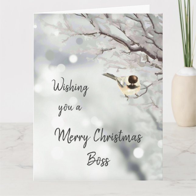 Merry Christmas Boss Watercolor Chickadee Bird Card (Front)