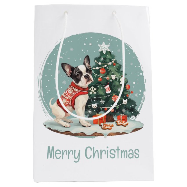 Merry Christmas Boston Terrier Dog Medium Gift Bag (Front)
