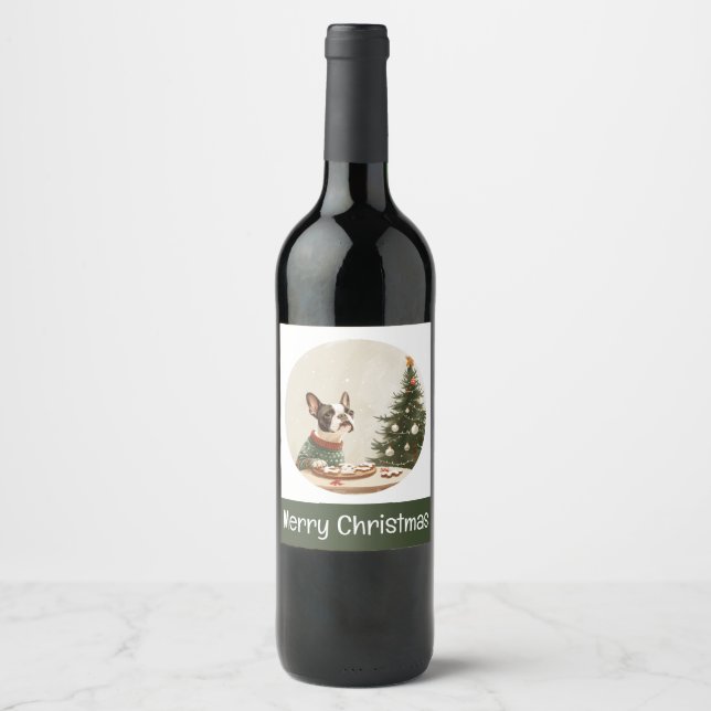 Merry Christmas Boston Terrier Dog Wine Label (Front)