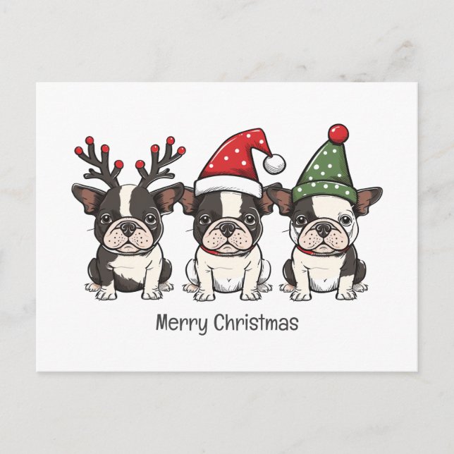 Merry Christmas Boston Terrier Dogs Holiday Postcard (Front)