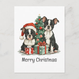 Merry Christmas Boston Terrier Dogs Holiday Postcard