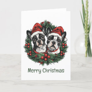 Merry Christmas Boston Terrier Dogs Holiday Wreath Card