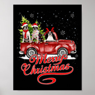 Merry Christmas Boston Terrier Dogs Santa Reindeer Poster