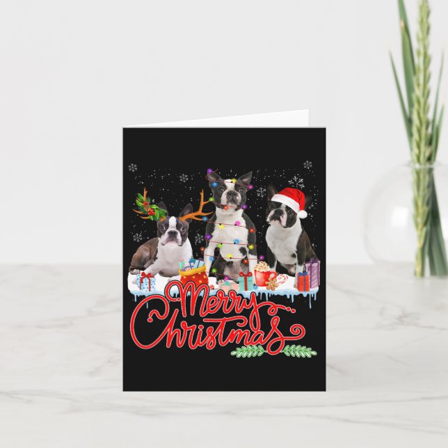 Merry Christmas Boston Terrier Santa Reindeer Ligh Card (Front)