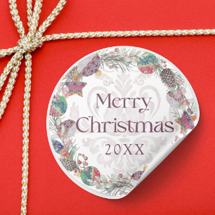 Merry Christmas Botancial & Baubles Wreath Classic Round Sticker