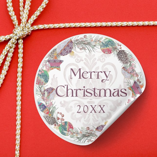 Merry Christmas Botancial & Baubles Wreath  Classic Round Sticker (Creator Uploaded)