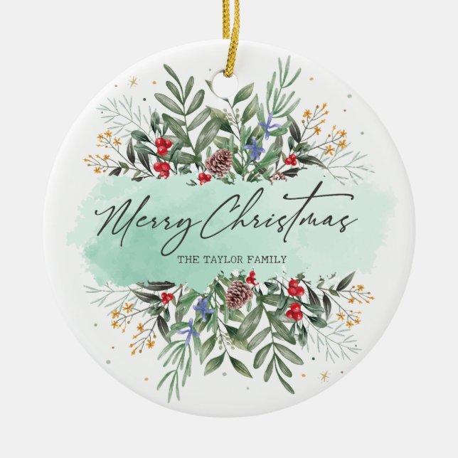 Merry Christmas Botanical Floral  Ceramic Tree Decoration (Front)