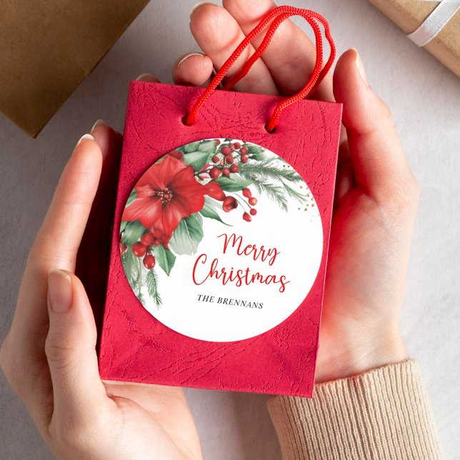 Merry Christmas Botanical Red Holiday Classic Round Sticker (Merry Christmas Botanical Red Holiday Classic Round Sticker)