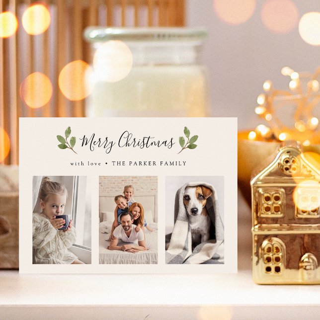 Merry Christmas | Botanical Three Photo Minimalist Holiday Card (A photo grid Christmas card with elegant botanical leaves)