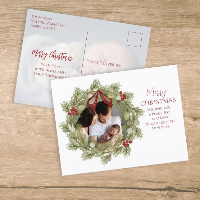 Merry Christmas Botanical Winter Holiday Wreath Postcard (Creator Uploaded)