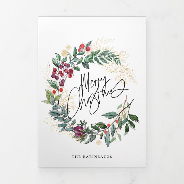 Merry Christmas Botanical Wreath Holiday Photo Tri-Fold Invitation (Cover)