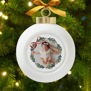 Merry Christmas Botanical Wreath Photo Ceramic Ball Christmas Ornament