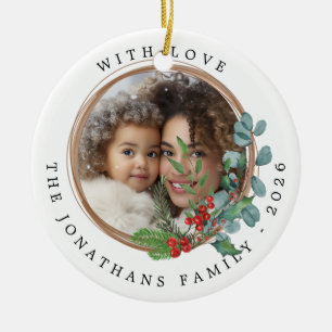 Merry Christmas Botanical Wreath Photo Ceramic Tree Decoration