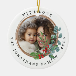 Merry Christmas Botanical Wreath Photo Ceramic Tree Decoration