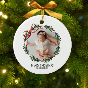 Merry Christmas Botanical Wreath Photo Ceramic Tree Decoration
