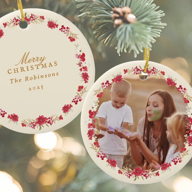 merry christmas botanical wreath photo holiday ceramic tree decoration (Creator Uploaded)