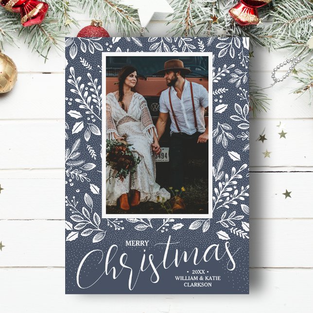 Merry Christmas Botanicals Photo Denim Holiday Card (White botanicals on blue Merry Christmas photo holiday cards, PRINTED and/or INSTANT DOWNLOAD)
