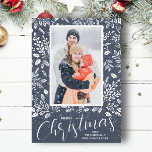 Merry Christmas Botanicals Photo Denim Holiday Card