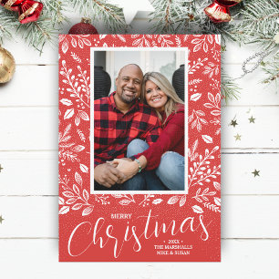 Merry Christmas Botanicals Photo Red Holiday Card