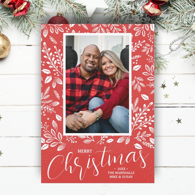Merry Christmas Botanicals Photo Red Holiday Card (White botanicals on red Merry Christmas photo holiday cards, PRINTED and/or INSTANT DOWNLOAD)