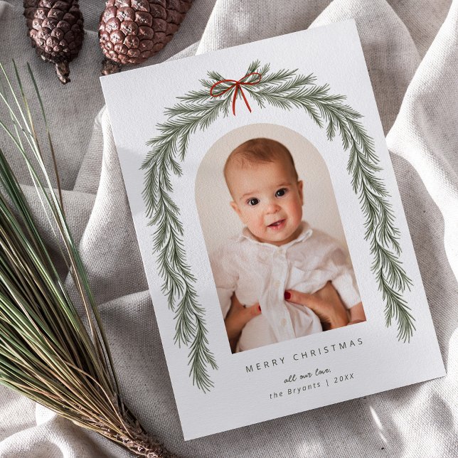 Merry Christmas Bow and Botanical Pine Arch Photo Holiday Card (Creator Uploaded)