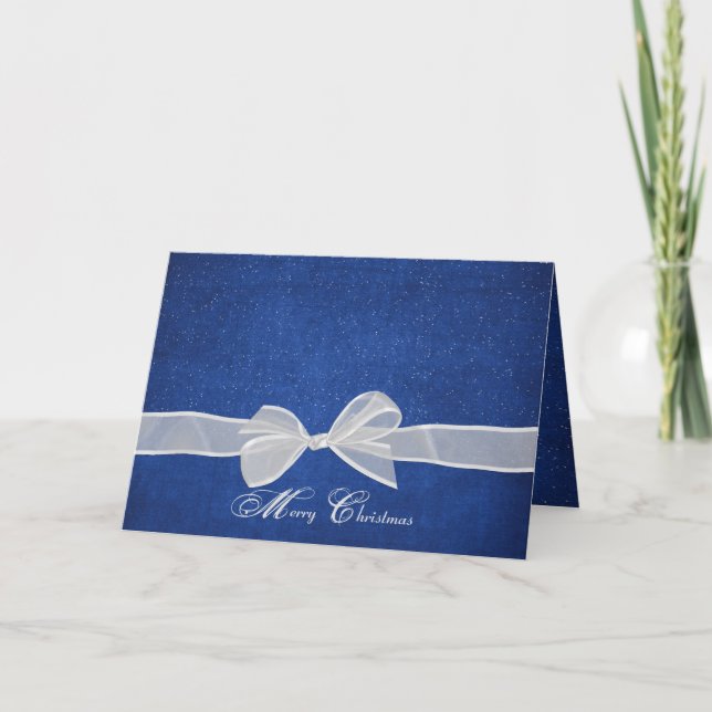 Merry Christmas bow on blue Holiday Card (Front)