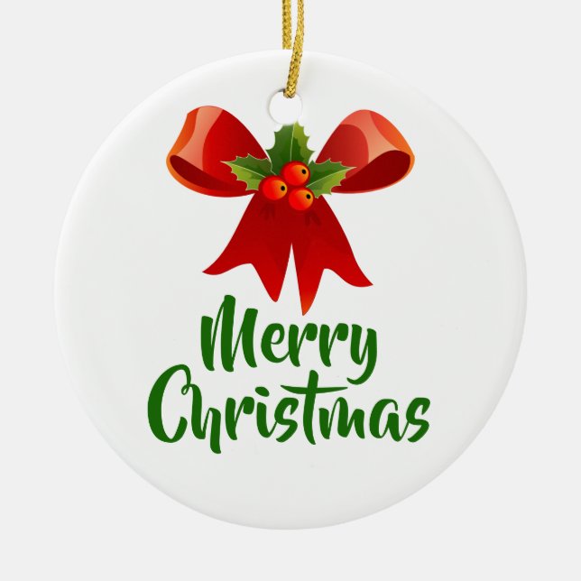 Merry Christmas Bow Retro Style Ceramic Tree Decoration (Front)