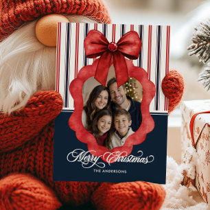 Merry Christmas Bow & Stripes Family Photo Holiday Card