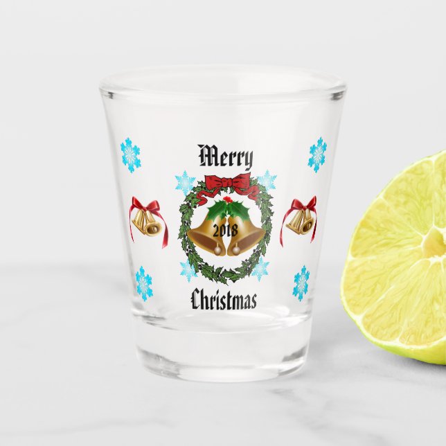 Merry Christmas Bow, Wreath, Bells, and Snowflakes Shot Glass (Front)