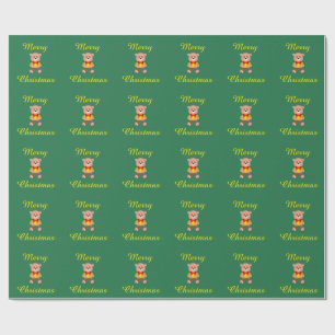 Merry Christmas Bowtie Teddy bear on Green  Wrapping Paper