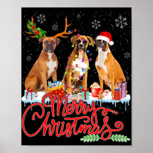Merry Christmas Boxer Dog Santa Reindeer Light Xma Poster