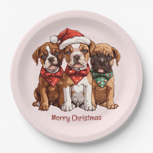 Merry Christmas Boxer Dogs Paper Plate (Front)