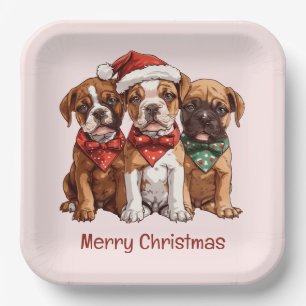 Merry Christmas Boxer Dogs Paper Plate