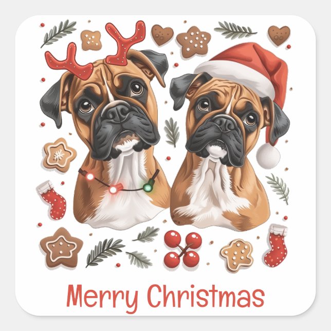 Merry Christmas Boxer Dogs Square Sticker (Front)