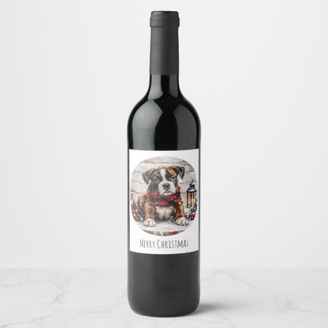Merry Christmas Boxer Puppy Wine Label (Front)