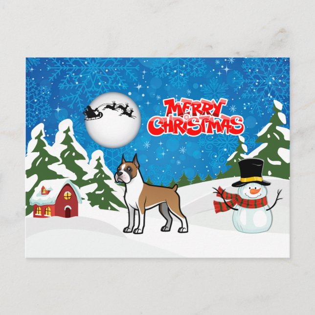 Merry Christmas Boxer With A Snowman And Santa Holiday Postcard (Front)