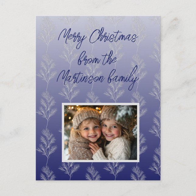 Merry Christmas Branches Pattern Blue Ombre Photo  Holiday Postcard (Front)