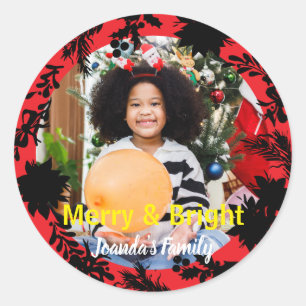 Merry Christmas Bright Red black Photo Classic Round Sticker