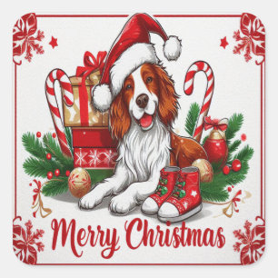 Merry Christmas Brittany Dog With Santa Hat Xmas Square Sticker