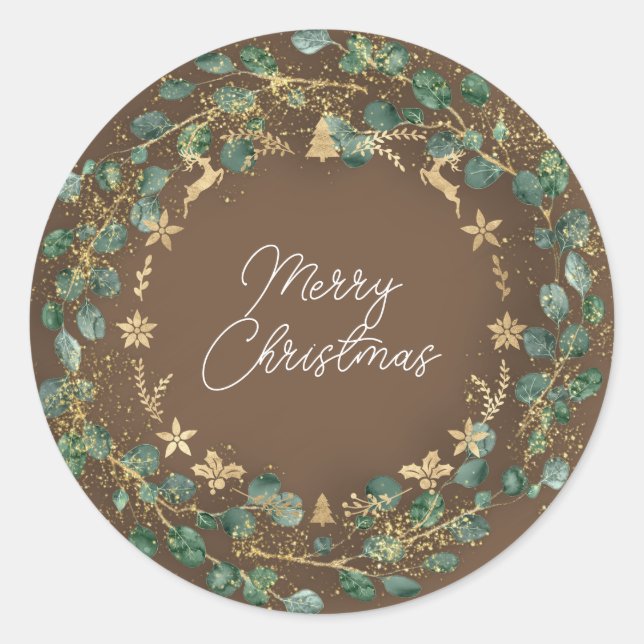 Merry Christmas Brown Green Wreath Woodland  Classic Round Sticker (Front)