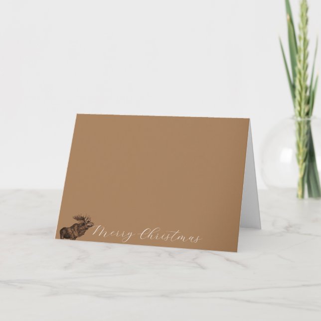 Merry Christmas Brown Moose With  White Outline Holiday Card (Front)
