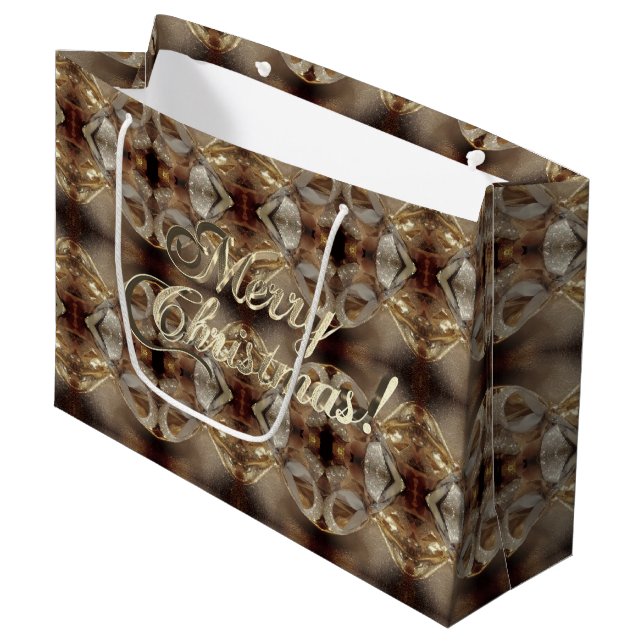 Merry Christmas Brown Pattern Faux Gold Script Large Gift Bag (Front Angled)