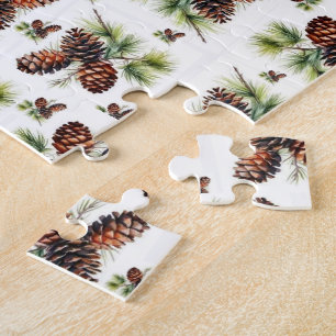 Merry Christmas Brown Pinecones Green Foliage  Jigsaw Puzzle